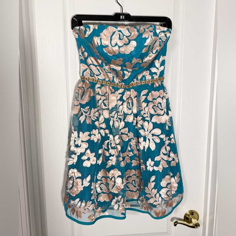 NWT ModCloth Minuet Satin Applique Flowers Strapless Tulle Dress Teal Gold Small